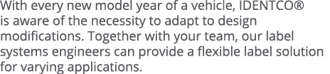 With every new model year of a vehicle, IDENTCO  is aware of the necessity to adapt to design modifications  Together   