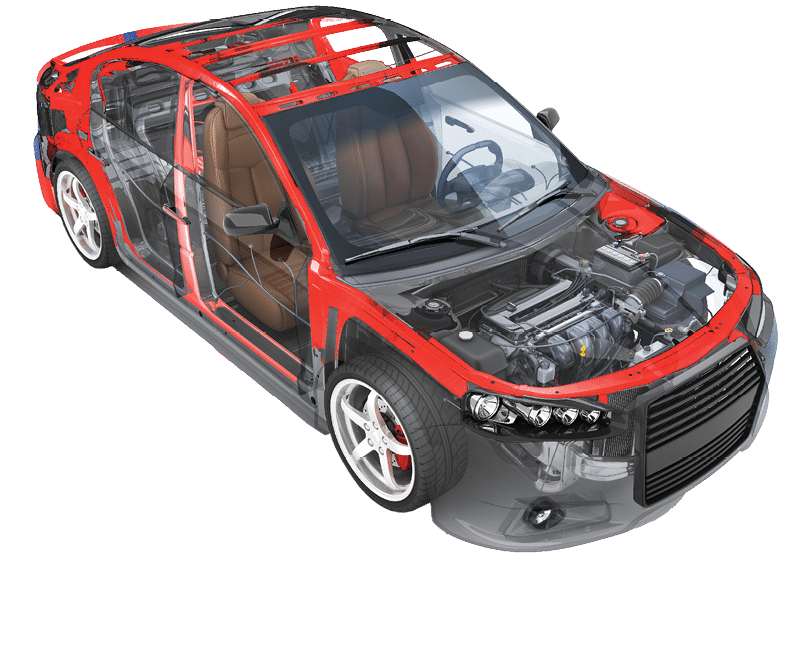 Transparent body car and spare and engine and other detail on white background  3d illustration
