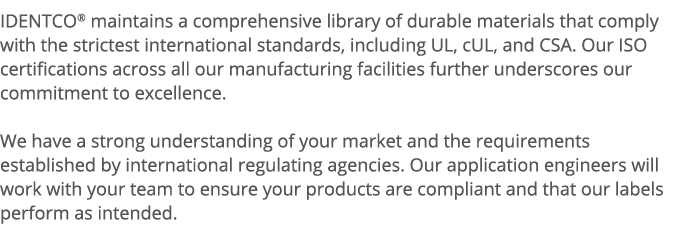 IDENTCO  maintains a comprehensive library of durable materials that comply with the strictest international standard   